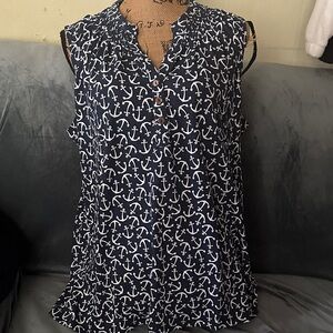 Caribbean Joe Navy Anchor Print Blouse